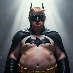 still of donald trump as a fat batman. cinematic, god rays through fog