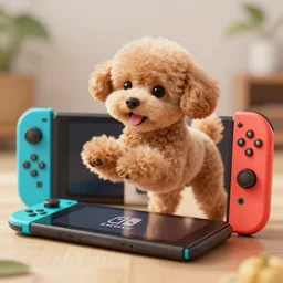 a toy poodle playing on a nintendo switch, ultra realistic, 8 k, trending on artstation