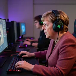 angela merkel with rgb razer headset playing CSGO on her PC