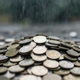 a picture of a pile of coins underwater, it is raining, 50mm