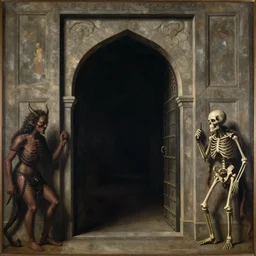In the center of the painting is a large gateway that seems to lead into abyss of darkness. On either side of the gateway are two figures, one a demon-like creature, the other a skeletal figure. in India by David B. Mattingly, by Frans Francken the Younger funereal