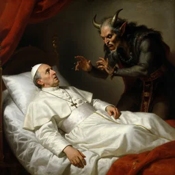 the pope is in his bed, scared, because a horned demon is attacking the pope. highly detailed painting by gaston bussiere, greg rutkowski, craig mullins 8 k