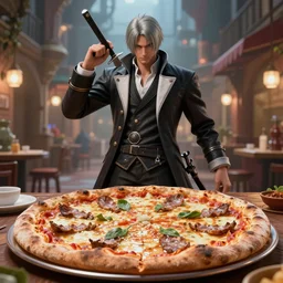 Dante from Devil May Cry in a Pizzeria, realistic 4k octane beautifully detailed render, 4k post-processing, highly detailed, intricate complexity, epic composition, magical atmosphere, cinematic lighting, masterpiece, ultra hd