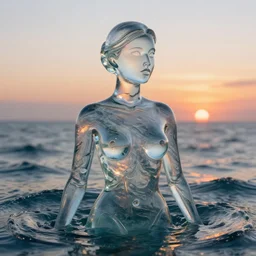 portrait woman made of glass emerging out of the ocean at sunset, realistic reflections, translucent body, ray tracing, 3 - d render, intricate details, masterpiece