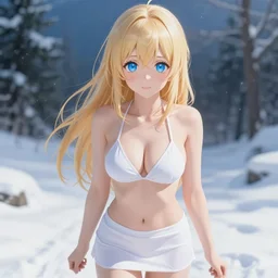 winter picture : a detailed very beautiful young blond anime girl, detailed sky blue eyes, cute, bikini, white miniskirt, highly detailed, cinematic wallpaper by stanley artgerm lau