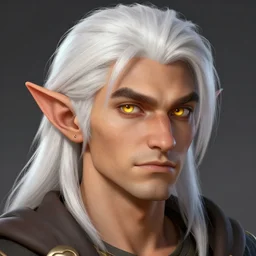Male Halfling with white hair, light brown skin and golden eyes character art, D&D, high detail