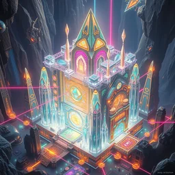 futuristic utopia, highly detailed crystal temples and gemstone relics, gold relics, digital painting, solid cube of light, hard edges, artstation, futuristic poster scifi, lasers and neon circuits, sharp focus, illustration, 8 k, highly detailed, aerial view