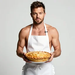 robin thicke wearing nothing but a frilly apron, holding a hot pie in his hands