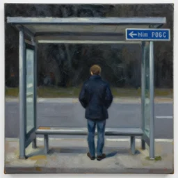 a man waiting at a bus stop, oil painting, thick brush strokes!, on black canvas, street sign in corner