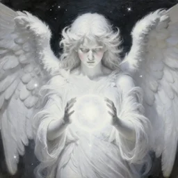 big face zoom, highdetailed hyperrealistic painting of white angel!!! no gender!!!, giant ball of miracle light from the chest!!!!!, white sparkles everywhere, 4 k hd fur face!!!, big wings, by jan van eyck, holography space, glow effect, large strokes, white monochrome color!!!!!