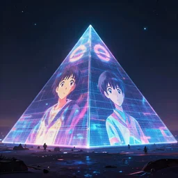 A giant Hologram Space pyramid looms over the horizon, rendered by Beeple, by Makoto Shinkai, synthwave style, environment concept, digital art, unreal engine, WLOP, trending on artstation, 4K UHD image,
