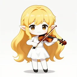 chibi, cute, female, full body, elf girl with white skin and golden long wavy hair, holding a violin and playing a song, stunning art style, trending art, sharp focus, centered, landscape shot, fate zero, simple background, studio ghibly makoto shinkai yuji yamaguchi, by wlop
