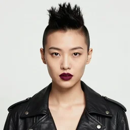 front close up portrait of a young asian woman with a mohawk haircut, wearing a leather jacket, maroon lips, blank background, by kehinde wiley, kadir nelson