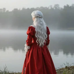 a beautiful painting of a lady with white long hair and dressed with a red victorian cloak, seen from behind, standing in a lake, mist, morning light, dreamy atmosphere, cinematic