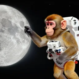 monkey on a space walk touching the moon