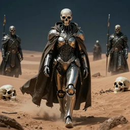 a cyborg dressed in a large cloak walking through a dangerous desert, skull, guardias, night. close up, in the center, centered, epic, intrincate, volumetric, by moebius, jean giraud & kilian eng moebius style