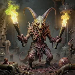 airbrush macro baphomet orcus horror, random animal | viscera as god |, in sewer system, chris foss, enric torres, wayne d barlowe, geof darrow, alberto bontempi, feng zu hyper realism, torch light, muted horror of puce lime colors, epic, hyper detailed, awe inspiring, award winning horror, torch lighting, hyper realism,