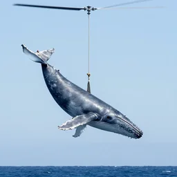a whale hanging from a rope attached to a helicopter