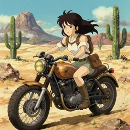 poster for a drama film animation of an adventurer girl riding a steampunk motorcycle on a desert with rocks, cactus, mountains, delicate features finely detailed perfect art, gapmoe yandere grimdark, trending on pixiv fanbox, painted by greg rutkowski makoto shinkai takashi takeuchi studio ghibli