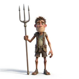 weathered imp with pitchfork, stylized pixar-style 3d render, full body, standing, isolated on a pure white background, centered, whole figure in frame, sharp focus, studio lighting