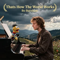 Bo Burnham sitting at a piano with a sock puppet singing Thats How The World Works, Real photo, Album Cover
