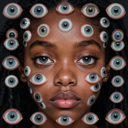 eyes!! a black girl with many eyes!, surreal art by colin christian, trypophobia! eyes, symmetry, eyes everywhere, symmetry!