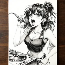 a very intricate portrait of manga female disc jockey yelling screaming shouting, realistic drawing ink, cover art