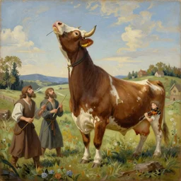 painting of a big cow with a long curved neck playing violin in a medivial styled field with three peasants spitting on it's face