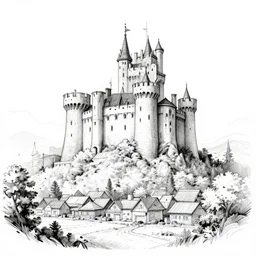 the background illustration of castle in the woods with a small village behind them, illustration, concept art, sketch, ink