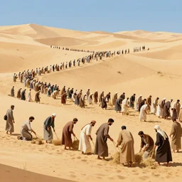 detailed digital painting of a crowd of jews in the desert harvesting manna, yellow orange and blue color scheme, by craig mullins and ross trann