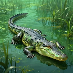 cyberpunk crocodile with a robotic tail in a swamp, highly detailed, green ambience