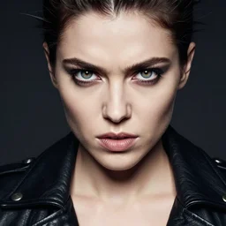 a photograph of a young woman in leather jacket, rebellious punk, fierce expression, dof, sharp focus, highly detailed face, symmetric face, realistic iris, cinestill 8 0 0 t, photography by paolo roversi