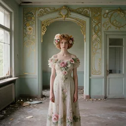 a flowery girl in an soviet golden liminal abandoned room, film still by wes anderson, depicted by balthus, limited color palette, very intricate, art nouveau, highly detailed, lights by hopper, soft pastel colors