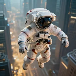 professional photo of astronaut flying in cyberpunk city, blade runner, hyperrealistic masterpiece, trending on artstation, cgsociety, kodakchrome, golden ratio, cinematic, composition, beautiful lighting, hyper detailed, sharp focus, octane render, 4 k, unreal engine