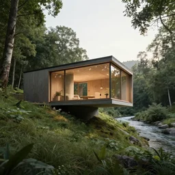 an award winning photograph of a minimalistic eco friendly home on a hill in the woods and a huge window opened looking at the river below, unreal engine, octane render, lumion, architectural, concept art, hyper detailed, perfection, dramatic lighting
