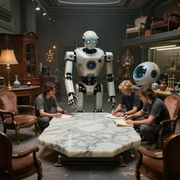 a futuristic robot repair workshop, antique furniture and futuristic furniture, a large slab of marble in the center, people gathered around