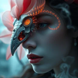 3 d close - up head shot portrait of the face of a beautiful princess, giant flower, blurred background, jellyfish face skull phoenix bird, translucent, nautilus, smoke and water energy flow. highly detailed, epic, cinematic. octane render, excellent composition, cinematic dystopian by wlop, tooth wu, greg rutkowski, beeple