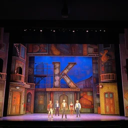 photo of a huge theaterstage, play is death of a salesman, 3 actors on stage, 8 k, multicolored, exaggerated detailed, long shot