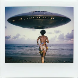 jamaican woman runs towards a spaceship, colored, natural lighting, long exposure, are bure boke, polaroid, by jamel shabbaz, robert mapplethorpe, davide sorrenti