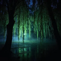 swamp nighttime midnight wisp o the willows eerie creepy glow midnight hyperrealism photo - realistic photography volumetric lighting enchantingly beautiful forest woods scary haunted 8 k