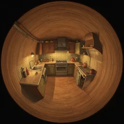 fisheye spiral lines, naive, extra narrow, detailed illustration of a kitchen dimly lit by rhads from lorax movie, trending artstation, wood texture