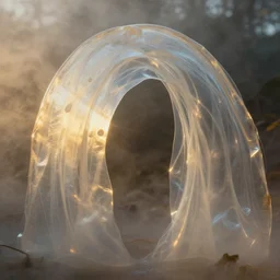 7 0 mm photograph of refractive caustics casting through silken and mesoglea - transparent colloid layers ambiently occluding and striating, coalescing from the mist, forming a detailed milky sculptural recreation of the refractive arches from roger dean's paintings, dramatic lighting, golden hour, cinematic, 8 k