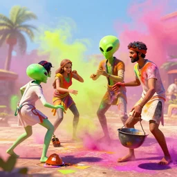 aliens and humans playing holi, digital art