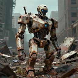 portrait of a broken rusty old mass effect robot in a junkyard in Overgrown New York City, post apocalyptic, abandoned, digital art, 4k, high quality render, unreal engine, trending on artstation, syd mead, Ralph McQuarrie, Stephan Martinière, craig mullins,