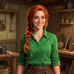 an insanely detailed realistic depiction of smiling beautiful leah from stardew valley standing in workshop, green shirt, auburn hair, french braid, in the style of peter mohrbacher, artgerm, dramatic lighting and composition, octane render, trending on artstation, concept art 8 k