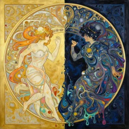 an hyper intricate oil painting of day and night intertwining, day and night fighting in a circle, golden ratio, fluid acrylic art, melting colorful wax drips, colorful, high contrast, excellent composition, by yoshitaka amano, by greg rutkowski, by alphonse mucha by jeremyg lipkinng, by rhads, by ross tran, by art, trending on