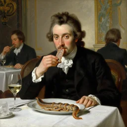 baroque oil painting handsome aristocrat in elegant black suit eating sliced cooked dune sandworm in a beautiful restaurant, painted by greg rutkowski cushart krentz jeremy mann, dune sandworm, wine glass, marble interior, front view, close up shot, soft lighting, elegant, morandi color scheme, white embroidered tablecloth, baroque style