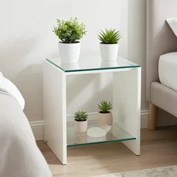 white zen clean modern luxury glass bedside table with cute plants