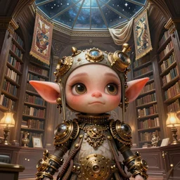 cute steampunk goblin with a polygonal library walls and glass ceilings showing the stars and hanging silk drapery and tapestries, light dust, magnificent, close up, details, sharp focus, elegant, highly detailed, illustration, by Jordan Grimmer and greg rutkowski and PiNe(パイネ) and 薯子Imoko and 香川悠作 and wlop and maya takamura, intricate, beautiful, Trending artstation, pixiv, digital Art
