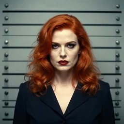 police station mugshot. fancy attire. symmetrical centered looking at viewer mugshot head portrait photograph of attractive charismatic nefarious redhead lady crime boss dame with attitude. villainess. scary mean. grainy. norman rockwell, artgerm, greg rutkowski,, sakimichan, alphonse mucha. artstation. sharp focus. highly detailed.